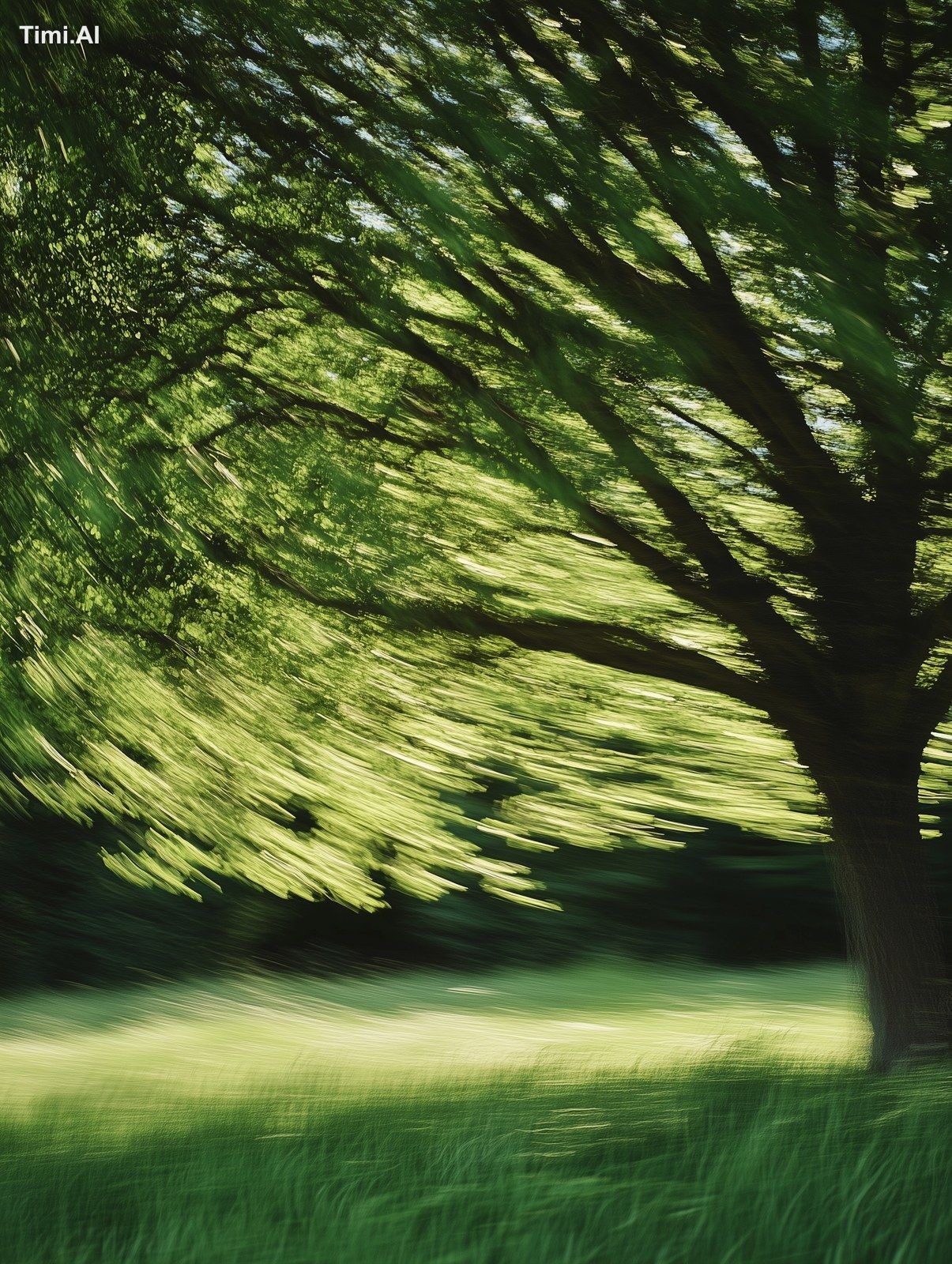 A tree swaying in the wind, with green grass under it. Shot with a Hass…