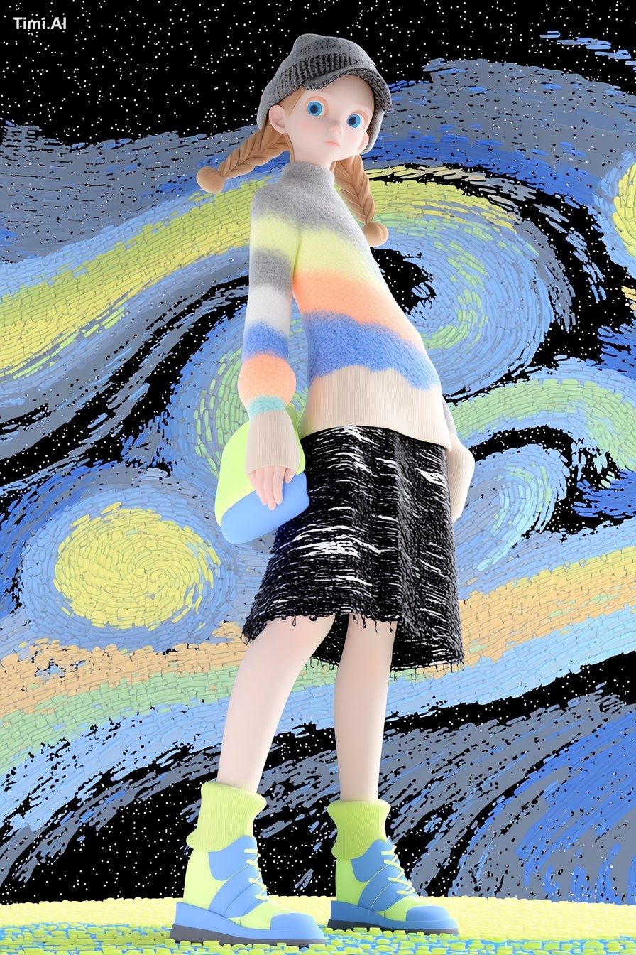 Mesmerizing fashion painting, Van Gogh style, neon 3d background --chao…