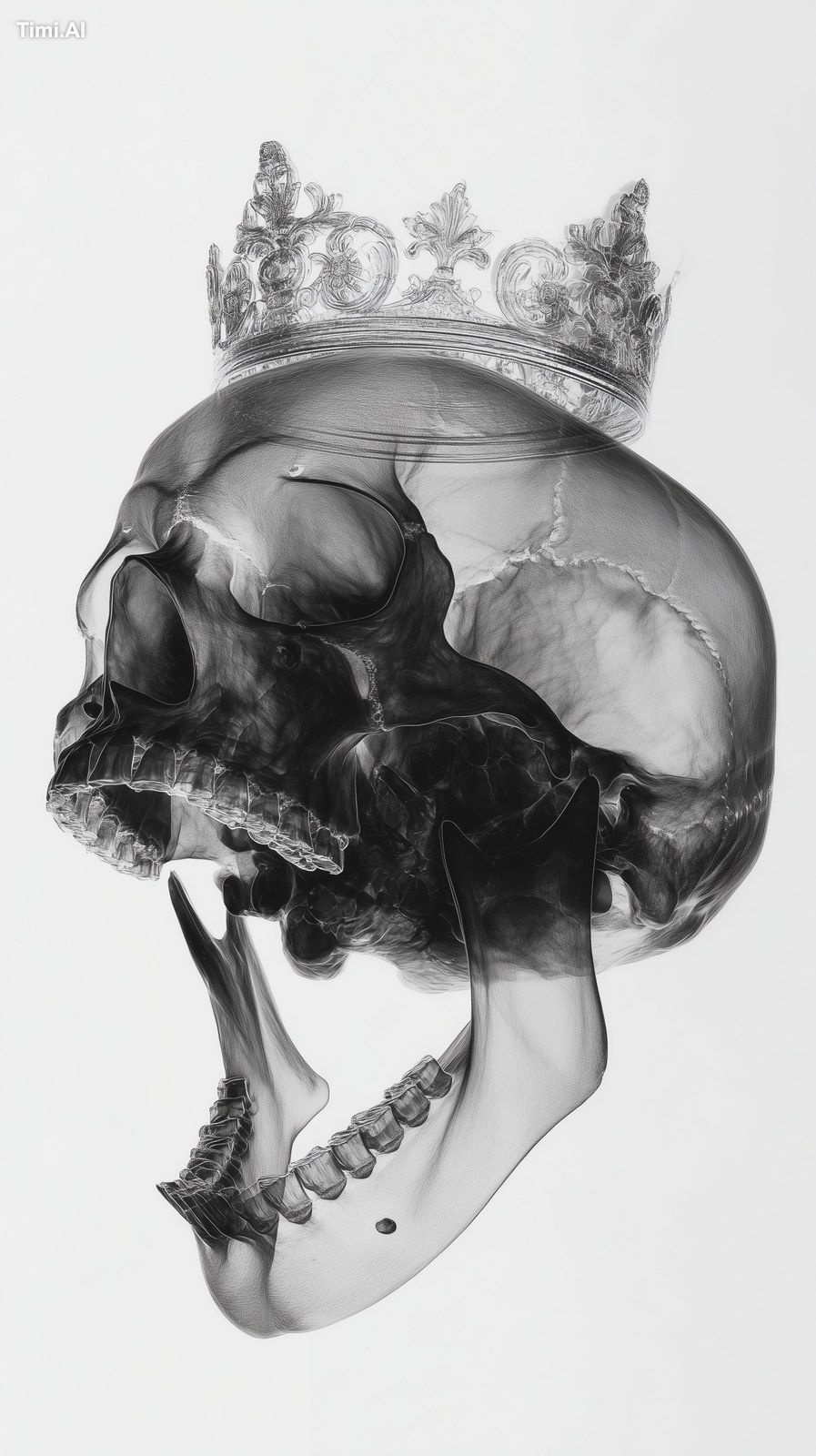 Detailed skull with a crown on it's head and it's mouth open, in differ…