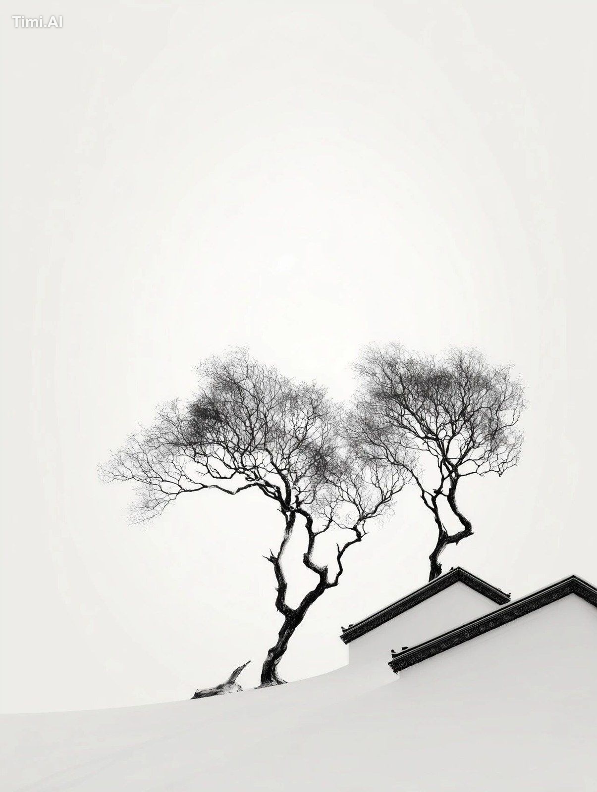 minimalist black and white depiction of two trees growing on the eaves,…
