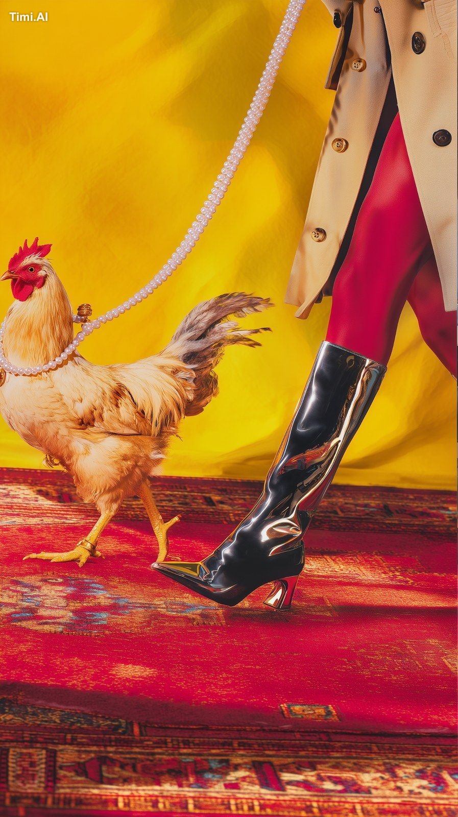 Chicken adorned with a pearl necklace and matching pearl leash confiden…