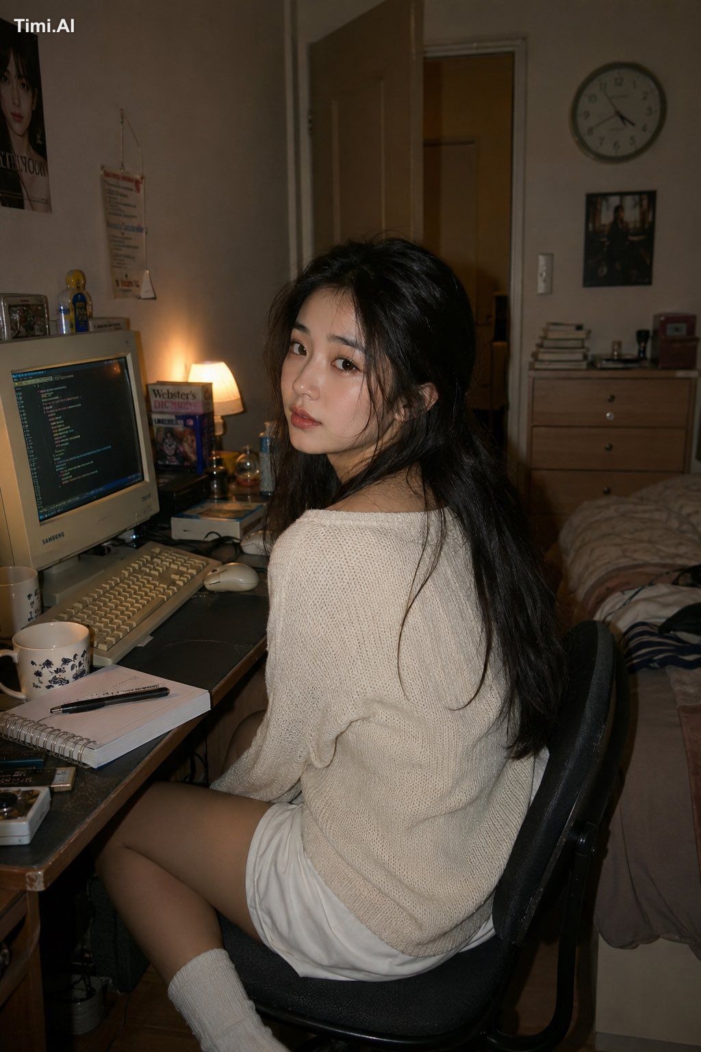 A photorealistic lifestyle portrait of a young East Asian woman seated …