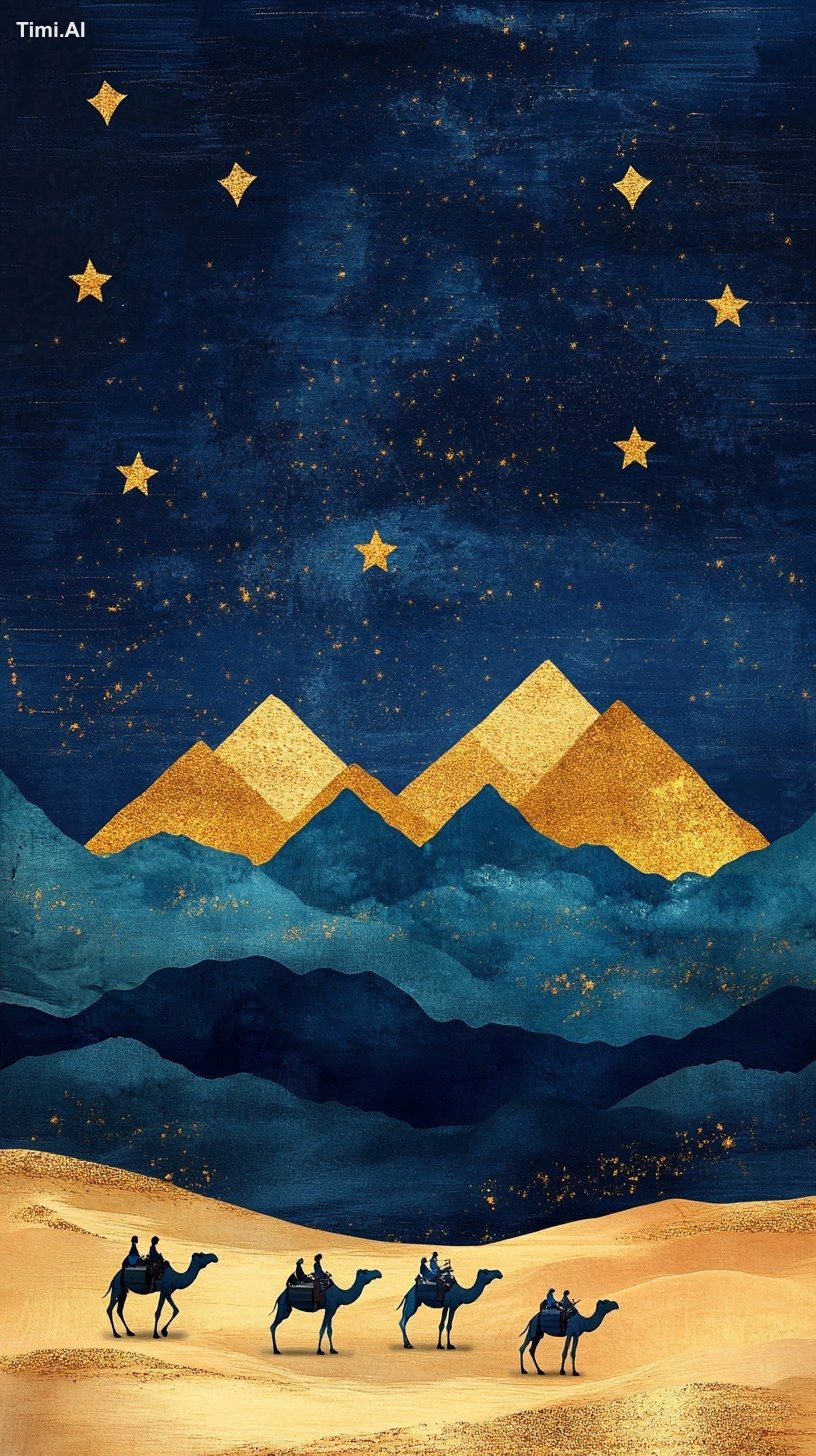 The golden desert landscape, with its three blue lines of mountains, ca…