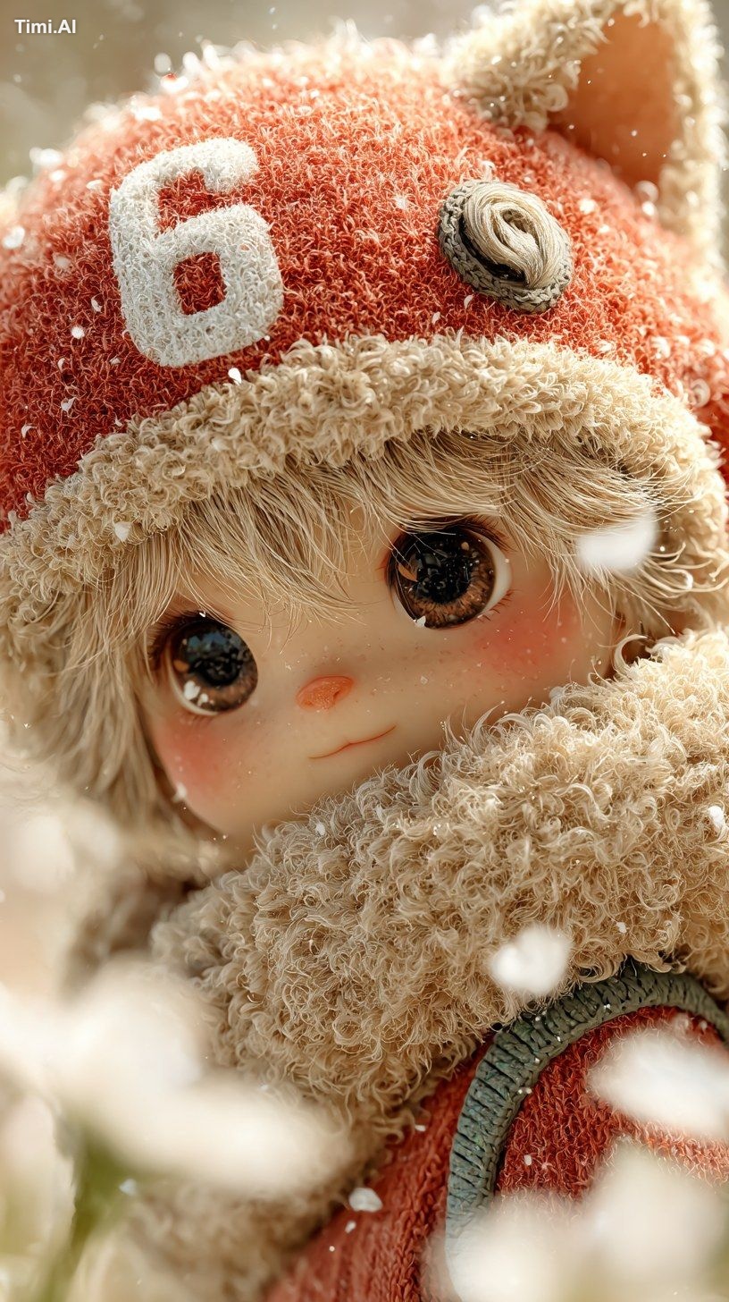 A dreamy close-up shot features the adorable face of a little cat boy, …