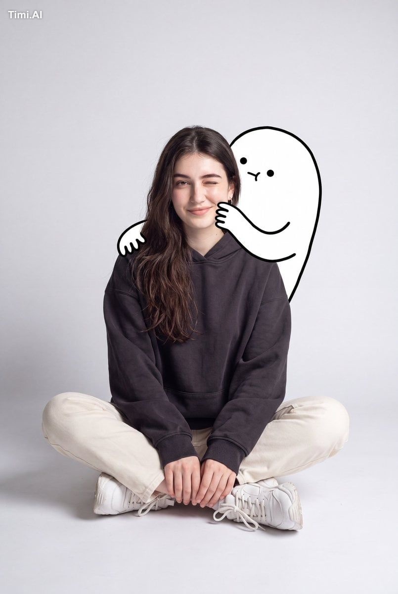 A cute minimalist portrait of a young woman sitting casually on the flo…