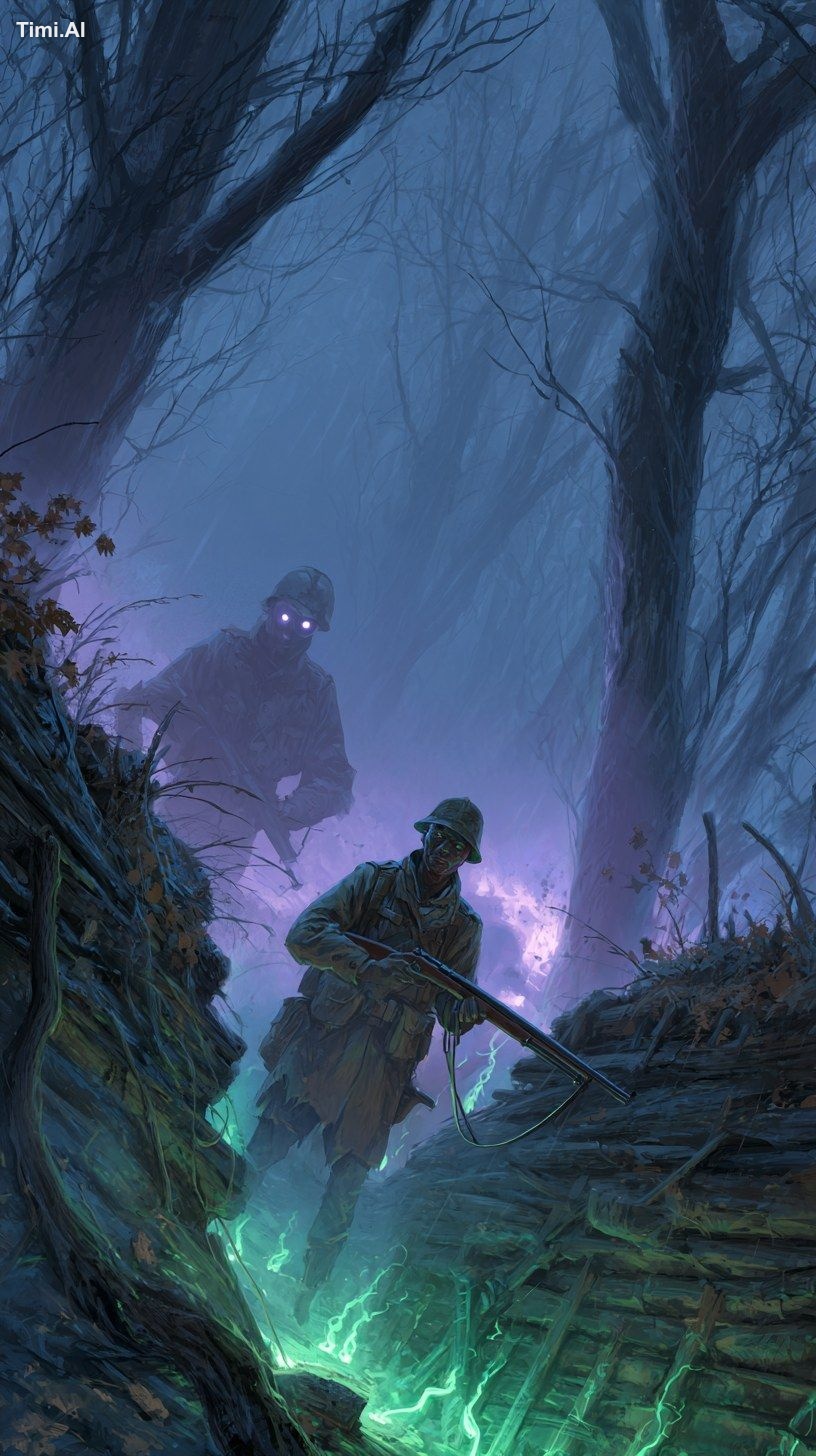 A foggy, eerie battlefield at dusk, with dark, twisted trees and a deca…