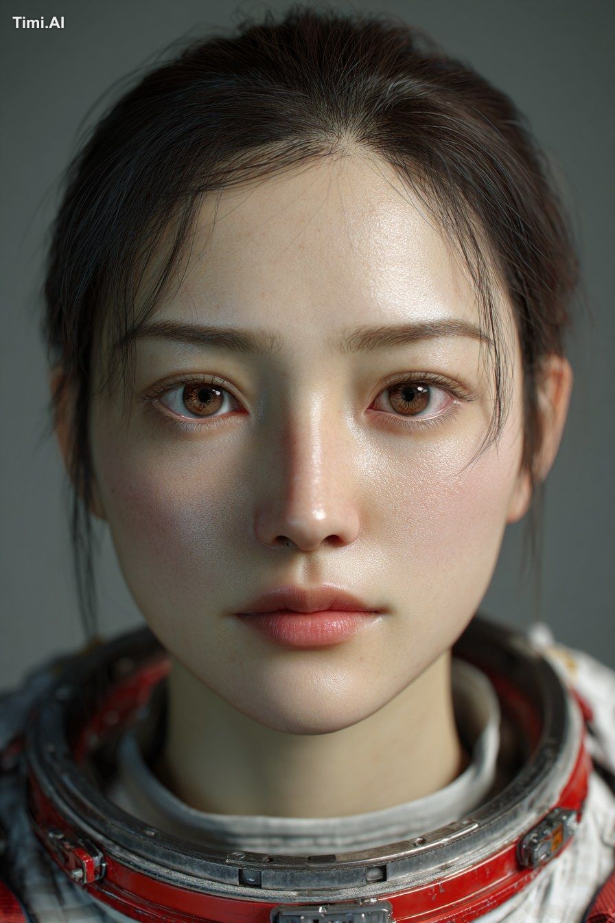 ultra-realistic portrait of a Chinese female astronaut, early 30s, calm…