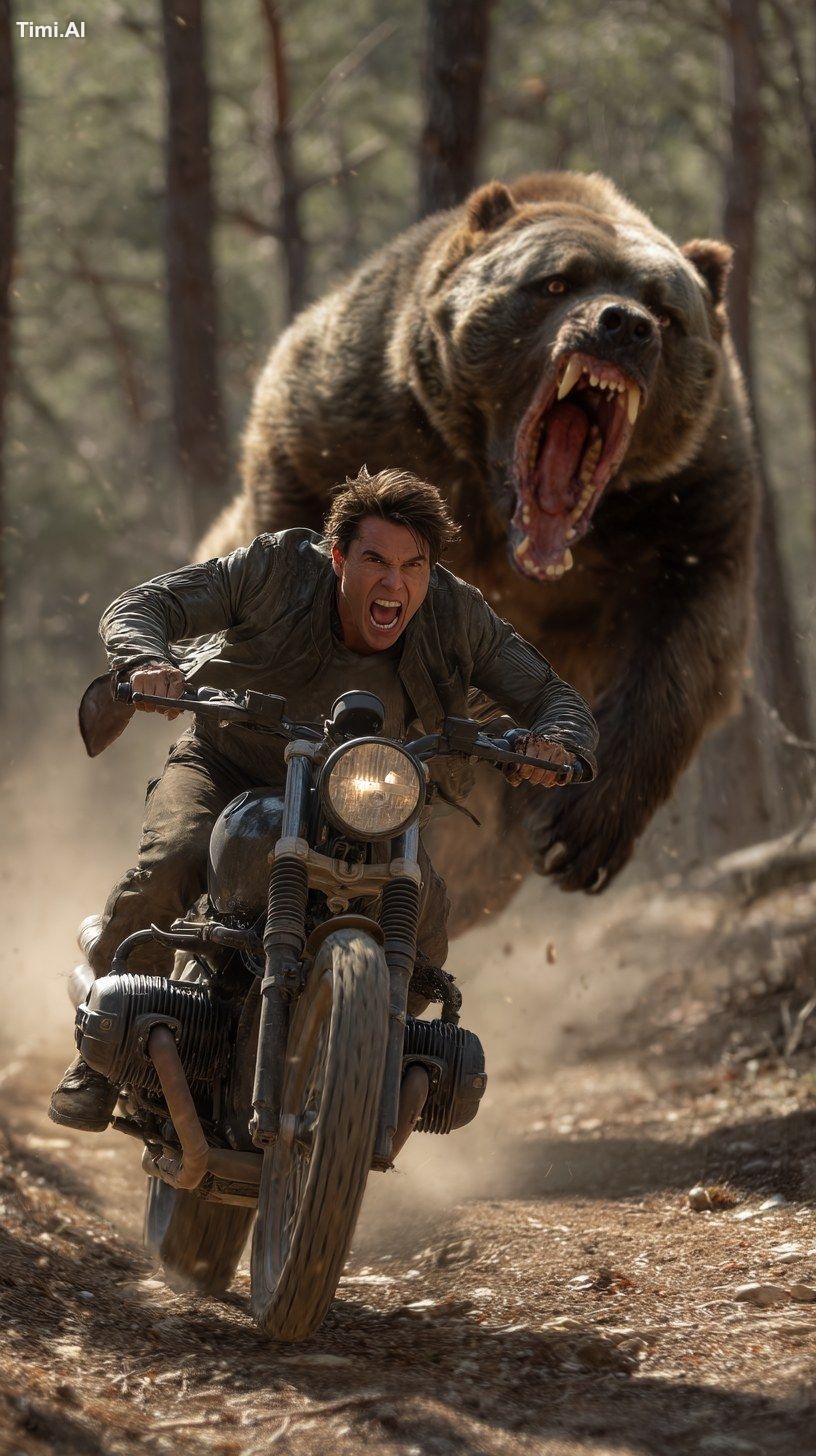 A full-body cinematic image of Tom Cruise, riding an old-school motorcy…