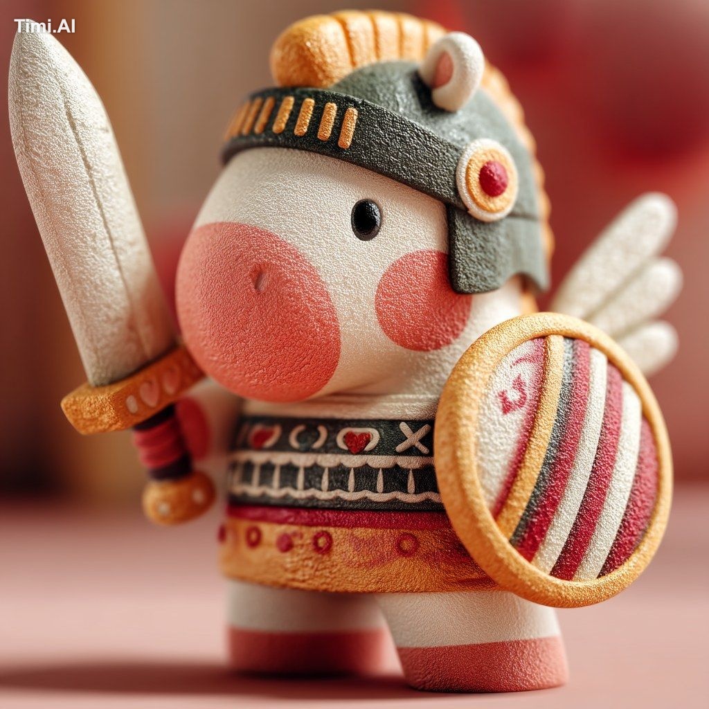 3D-rendered simple horse warrior toy, cartoonish style, bright colors, …
