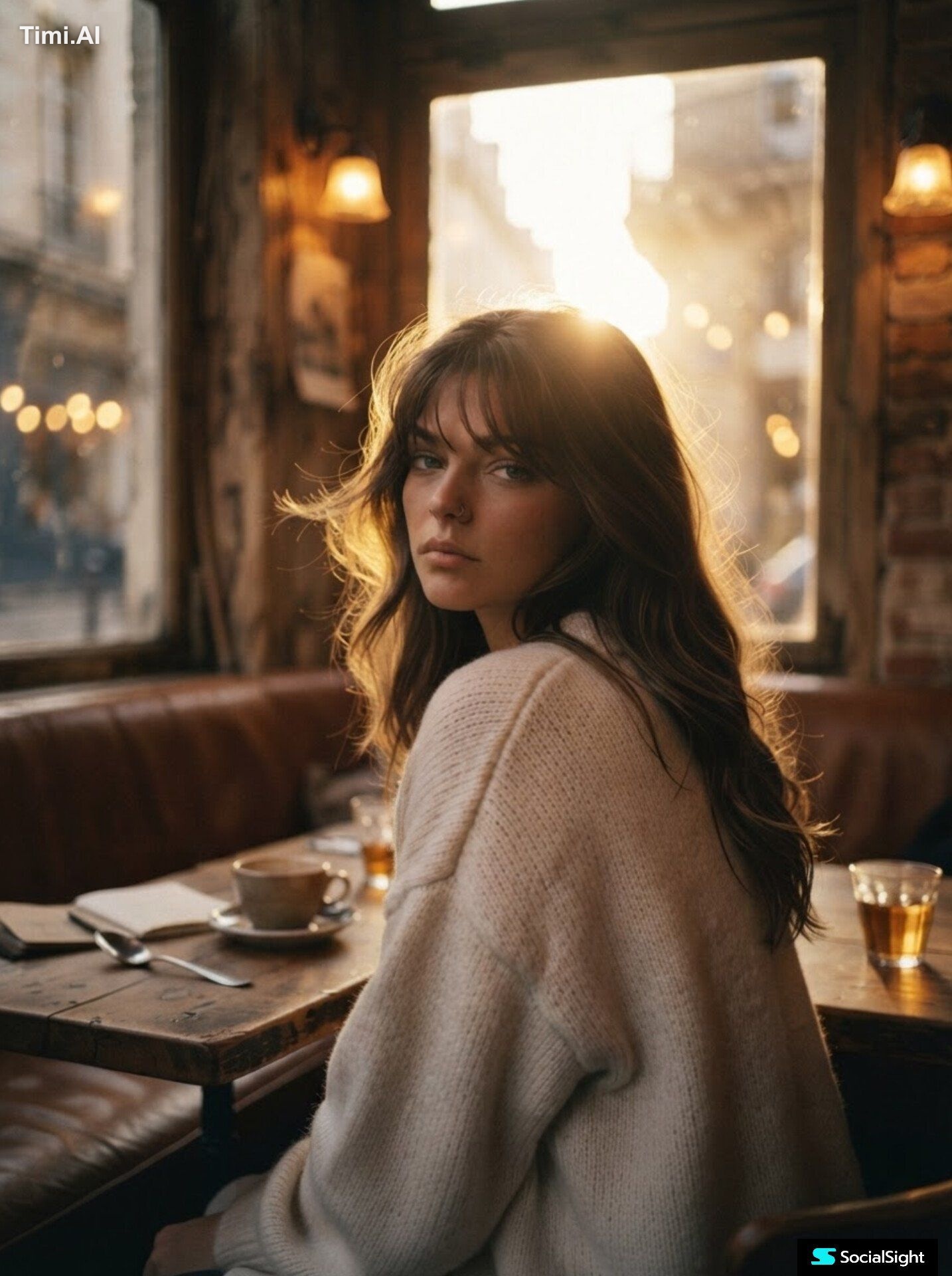 A cinematic portrait of a young woman sitting in a cozy café at golden …