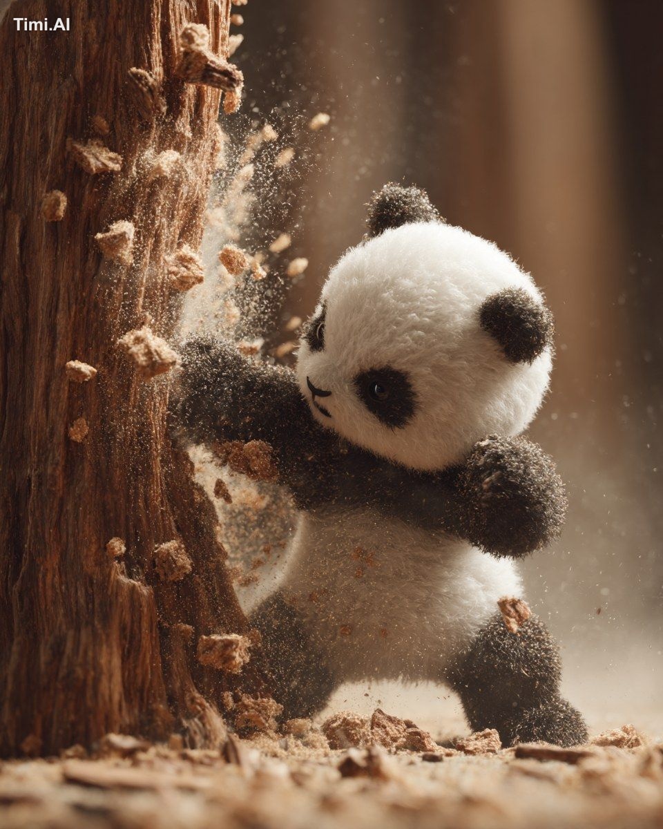 A cute panda punching a tree and breaking it with impact, debris, cinem…