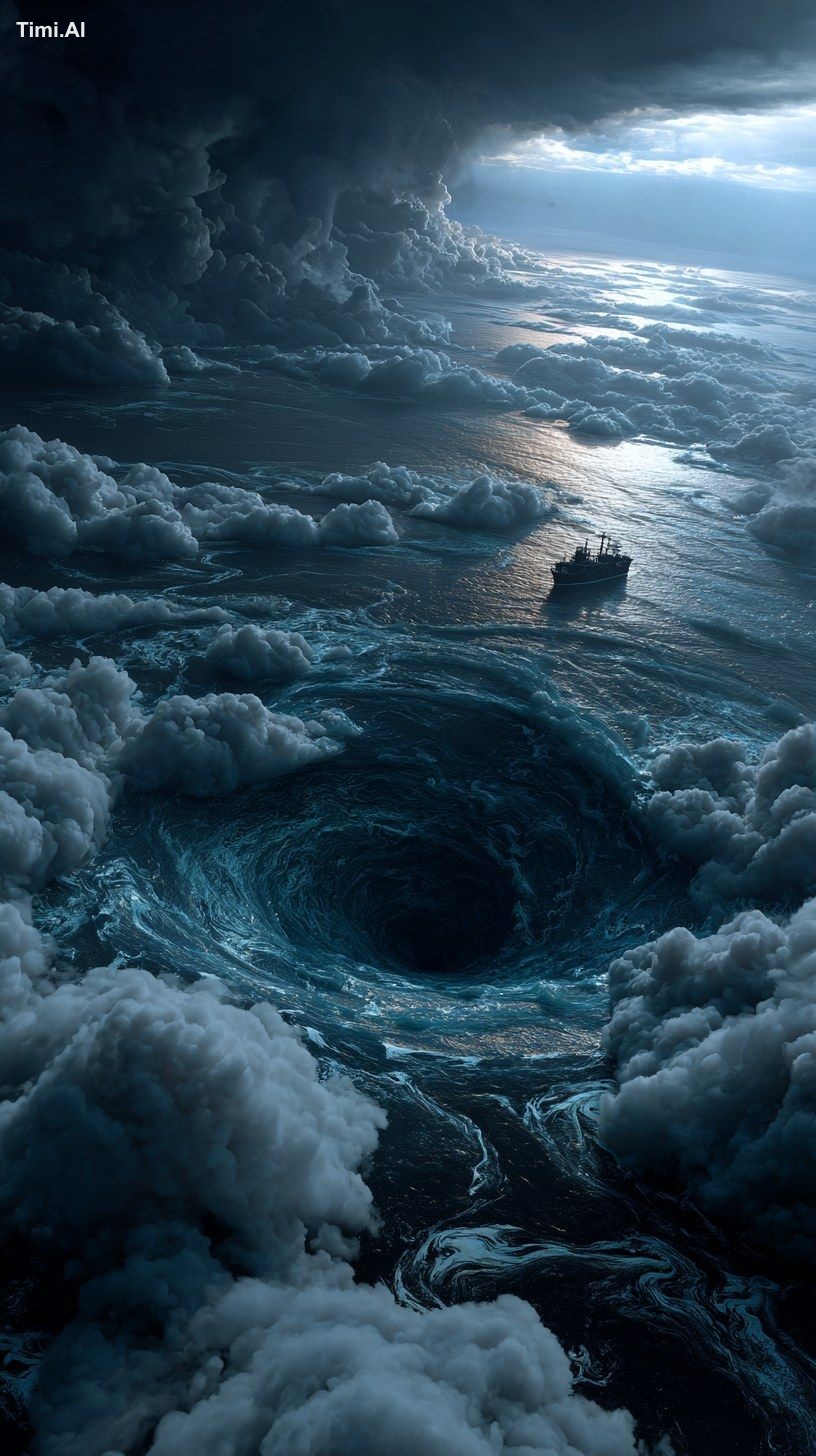 A portal in the middle of the ocean, lots of whirlpools, clouds, fog, s…