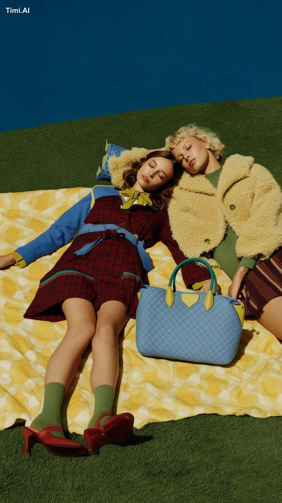 a full-body photo of two female models laying on an open picnic blanket…