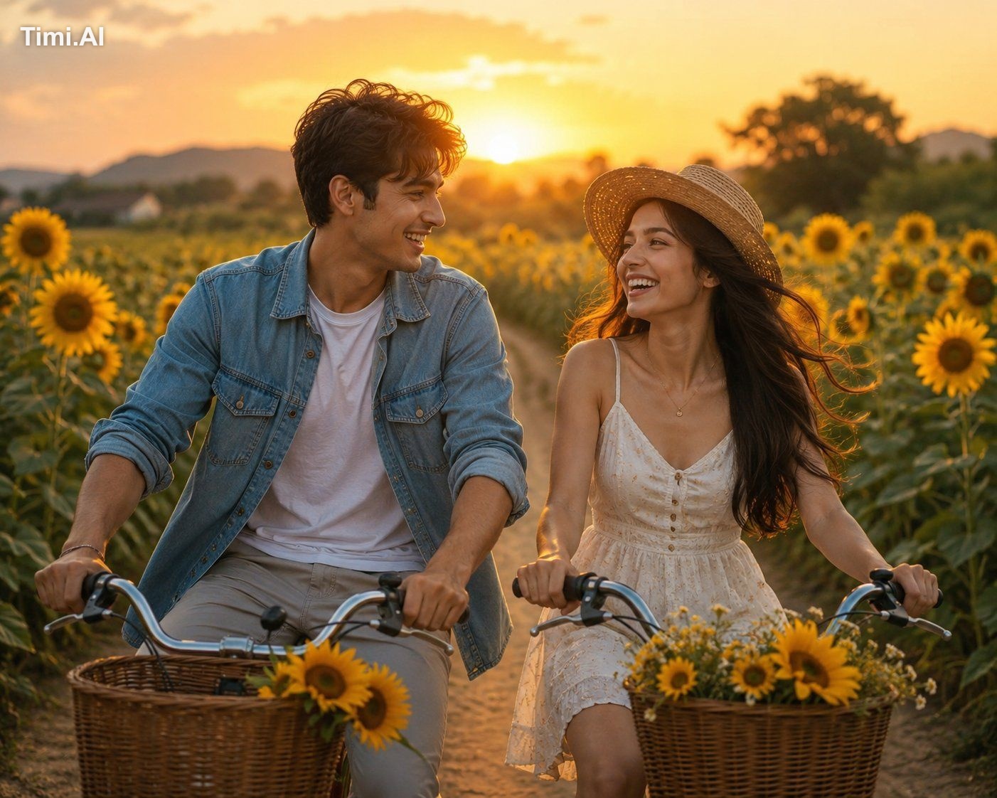 A joyful young couple laughing together while riding bicycles through a…