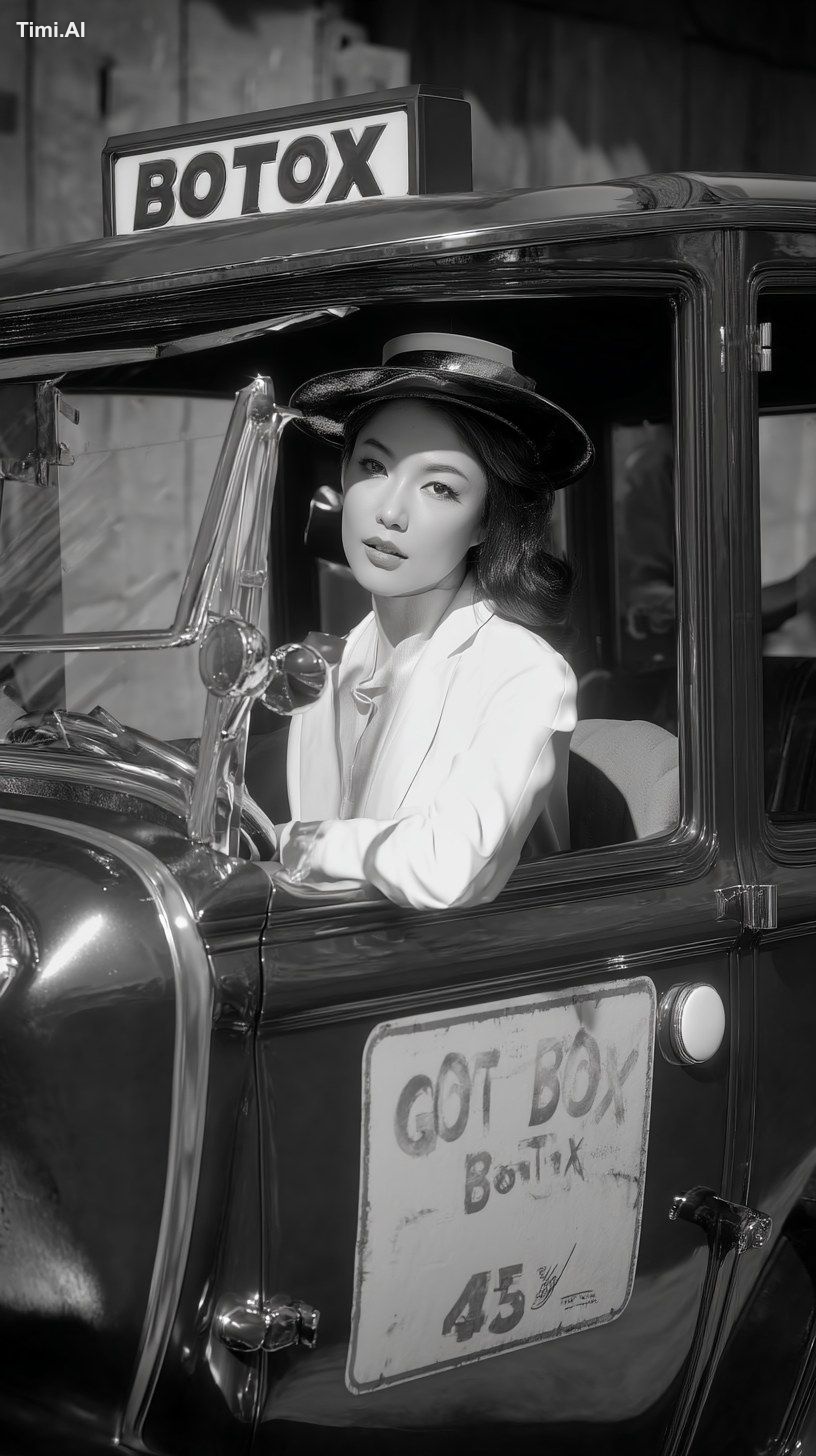 A hyper-realistic beautiful asian doctor in 1930 car back and white sho…