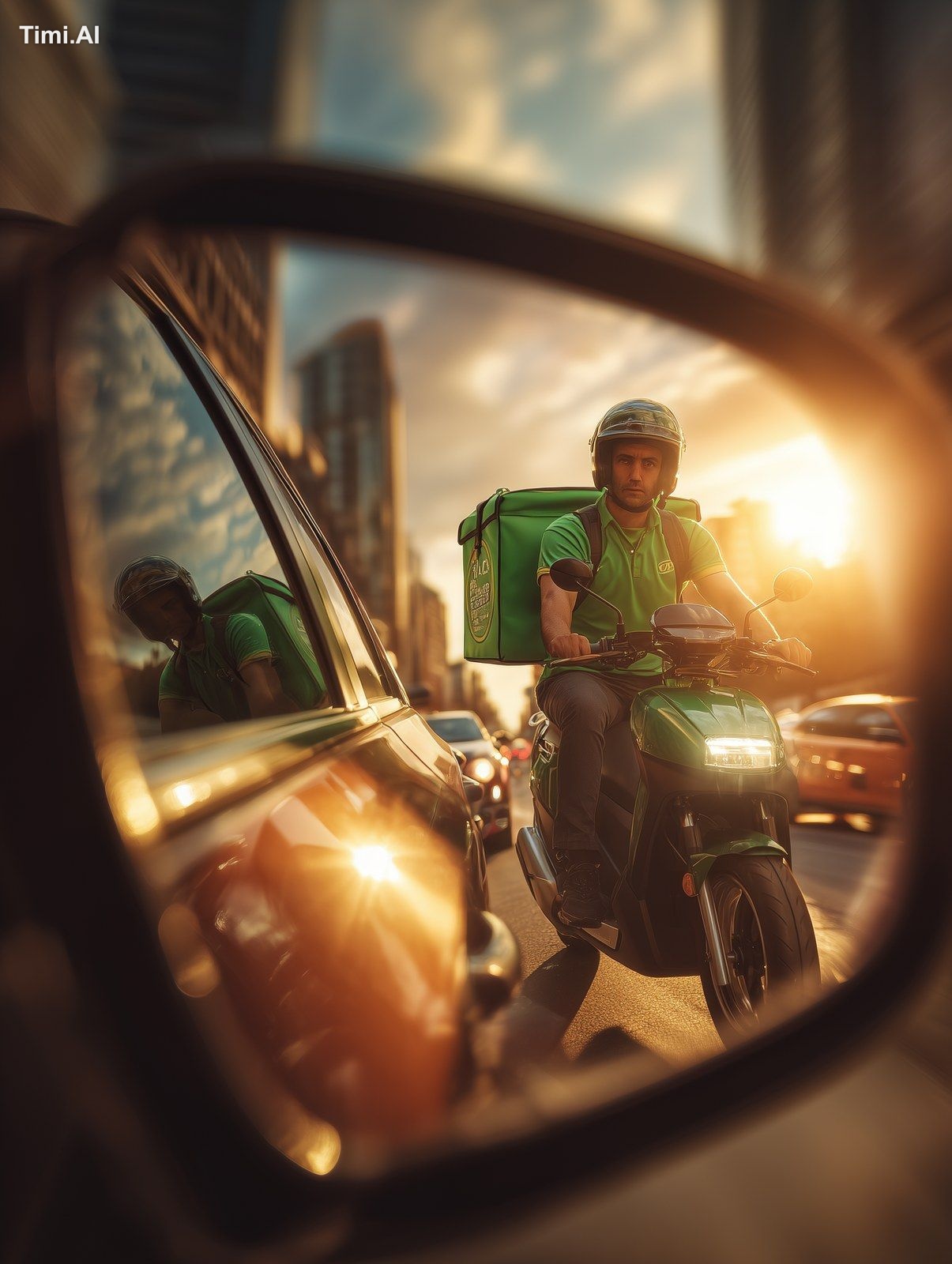 Glossy commercial-style photo taken from a car’s side mirror, during go…