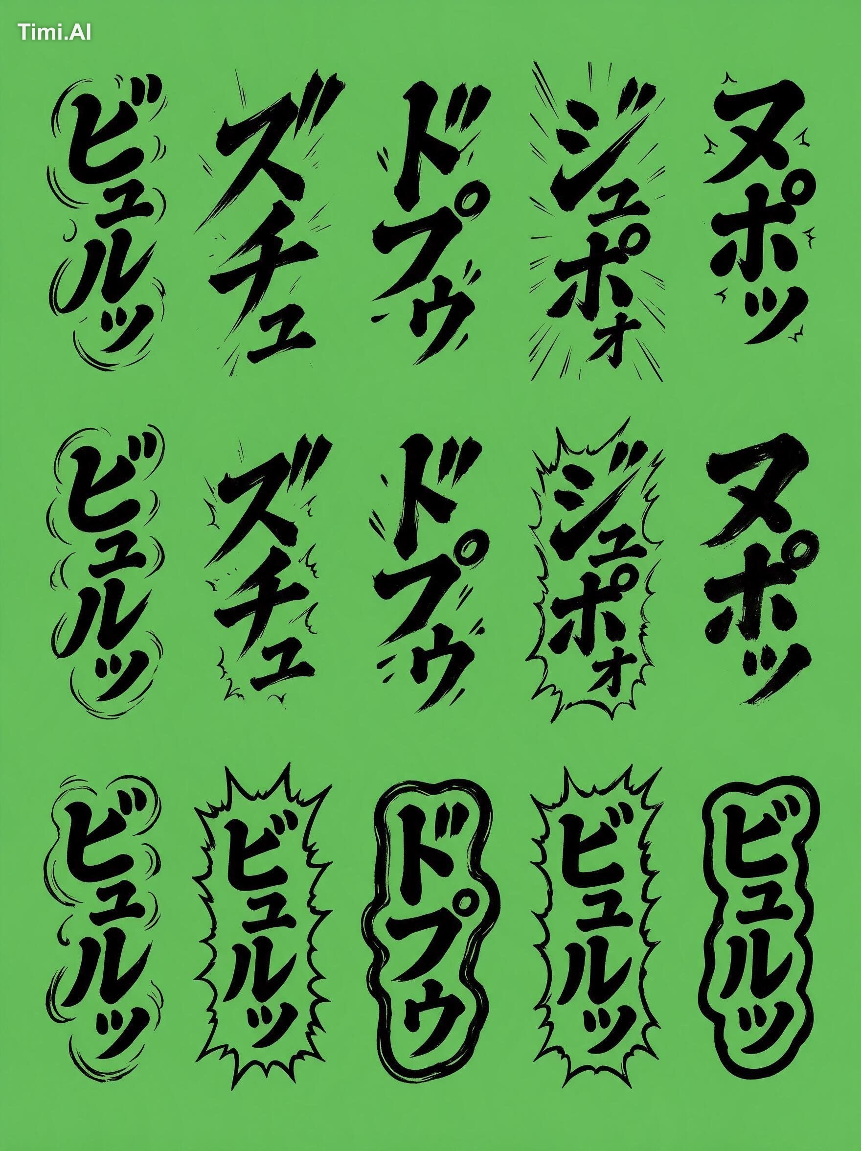 日本の縦書き漫画の描き文字・オノマトペ。同じもので３パターン。 背景はグリーンバック（切り抜きやすいように）、文字は黒一色。 文字を縦にして …
