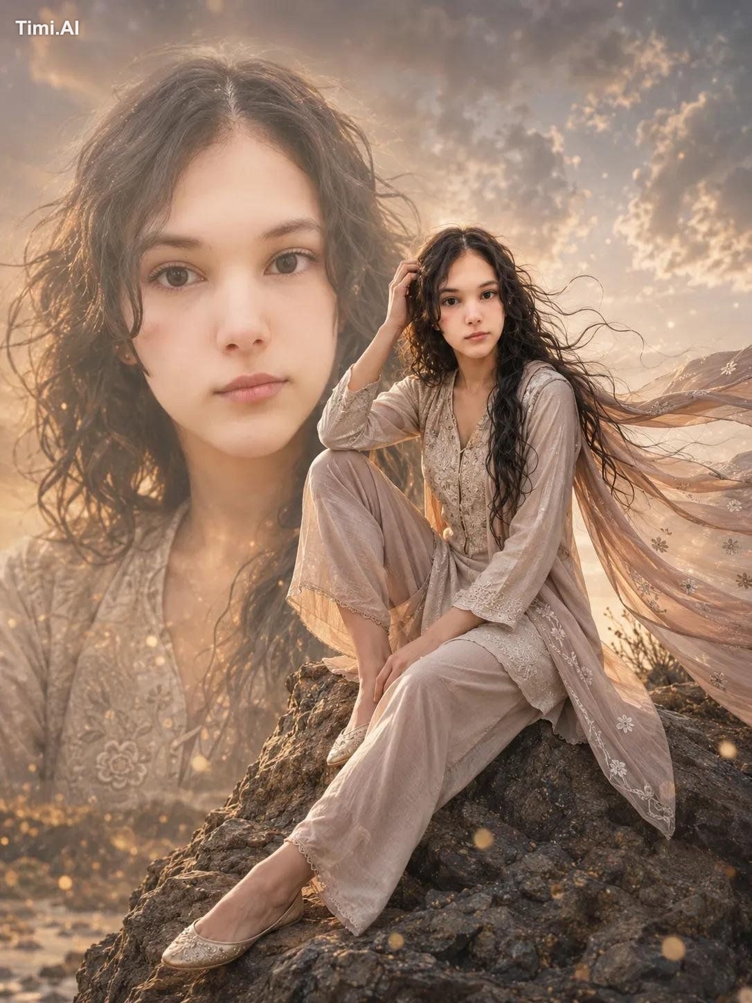 A cinematic, ethereal portrait of a young woman with long, dark, wavy h…