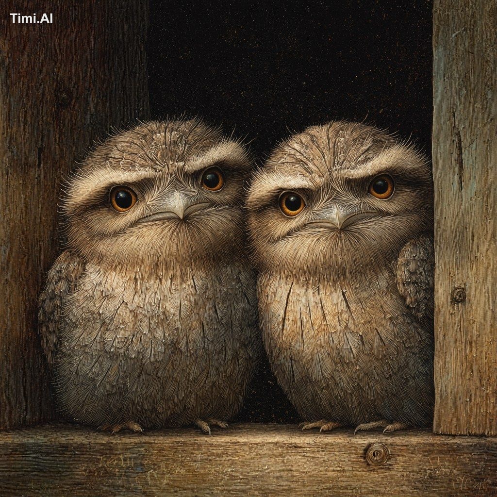 a pair of baby tawny frogmouth owls in the style of shaun tan