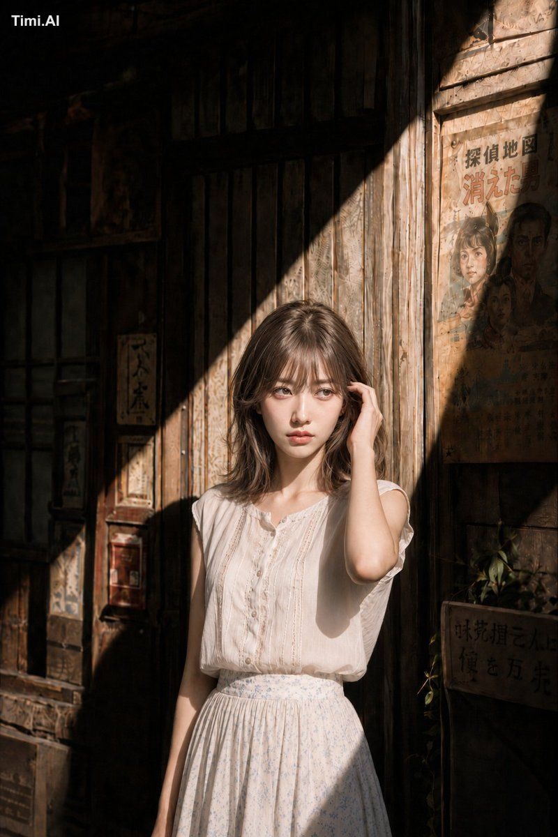 縦長2:3の写真。古い木造商店が並ぶ日本の路地で、若い女性が画面中央やや右に立つ。頭頂から太もも付近までを写し、人物は画面の約55％を占める。…