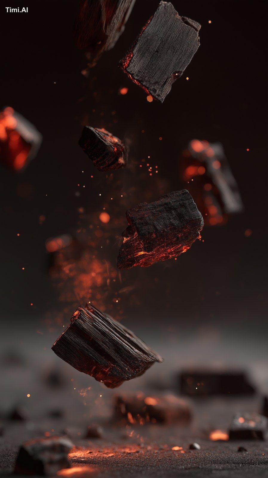 burnt wooden fragments and glowing red-hot charcoal pieces floating in …
