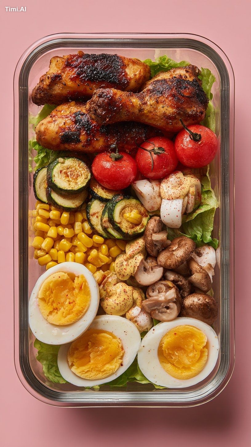 A horizontal rectangular lunchbox-style glass container containing gril…
