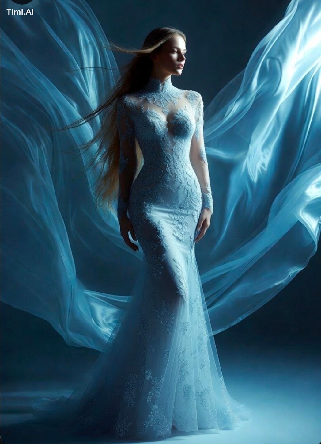 A hyper-realistic, ethereal portrait of a woman embodying an icy, celes…