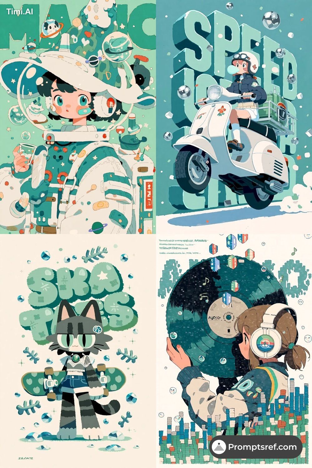 * **Retro Tech**: A girl holding a giant game console, oversized button…