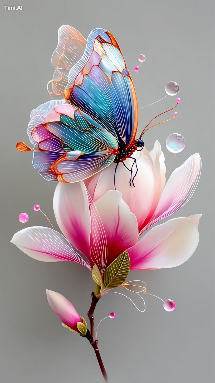 drawing with coloured pencils. Spring, beautiful butterfly on blossomin…