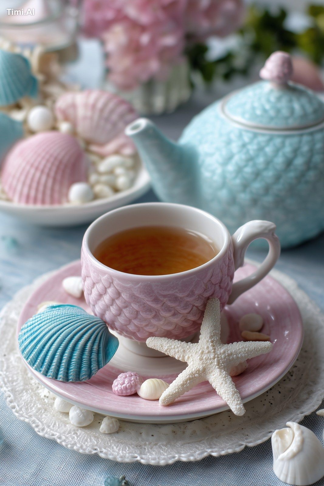 Magical underwater tea party with pastel sea animals, dreamy soft color…