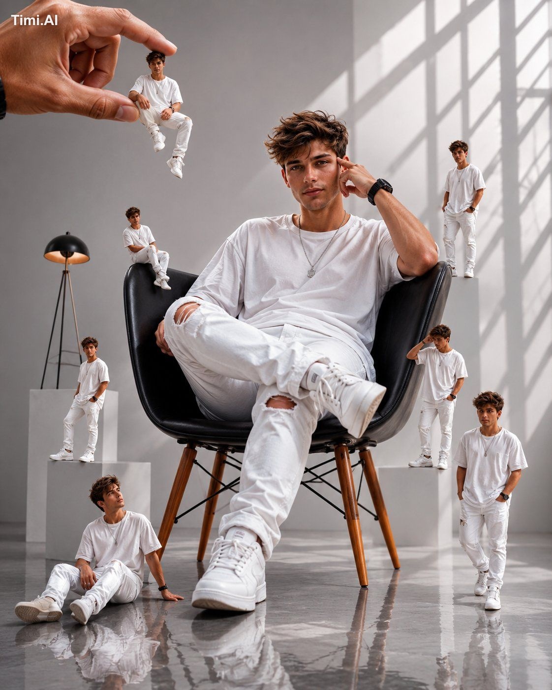 Create an ultra-realistic, high-fashion editorial photograph inside a l…