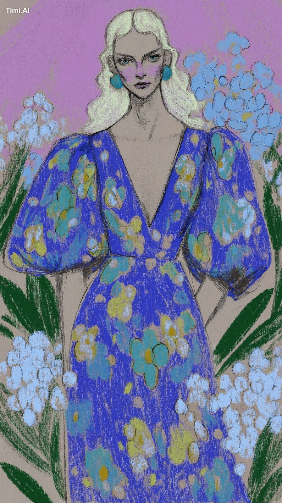 fashion illustration figura intera abito Zimmermann fiorato, in un camp…