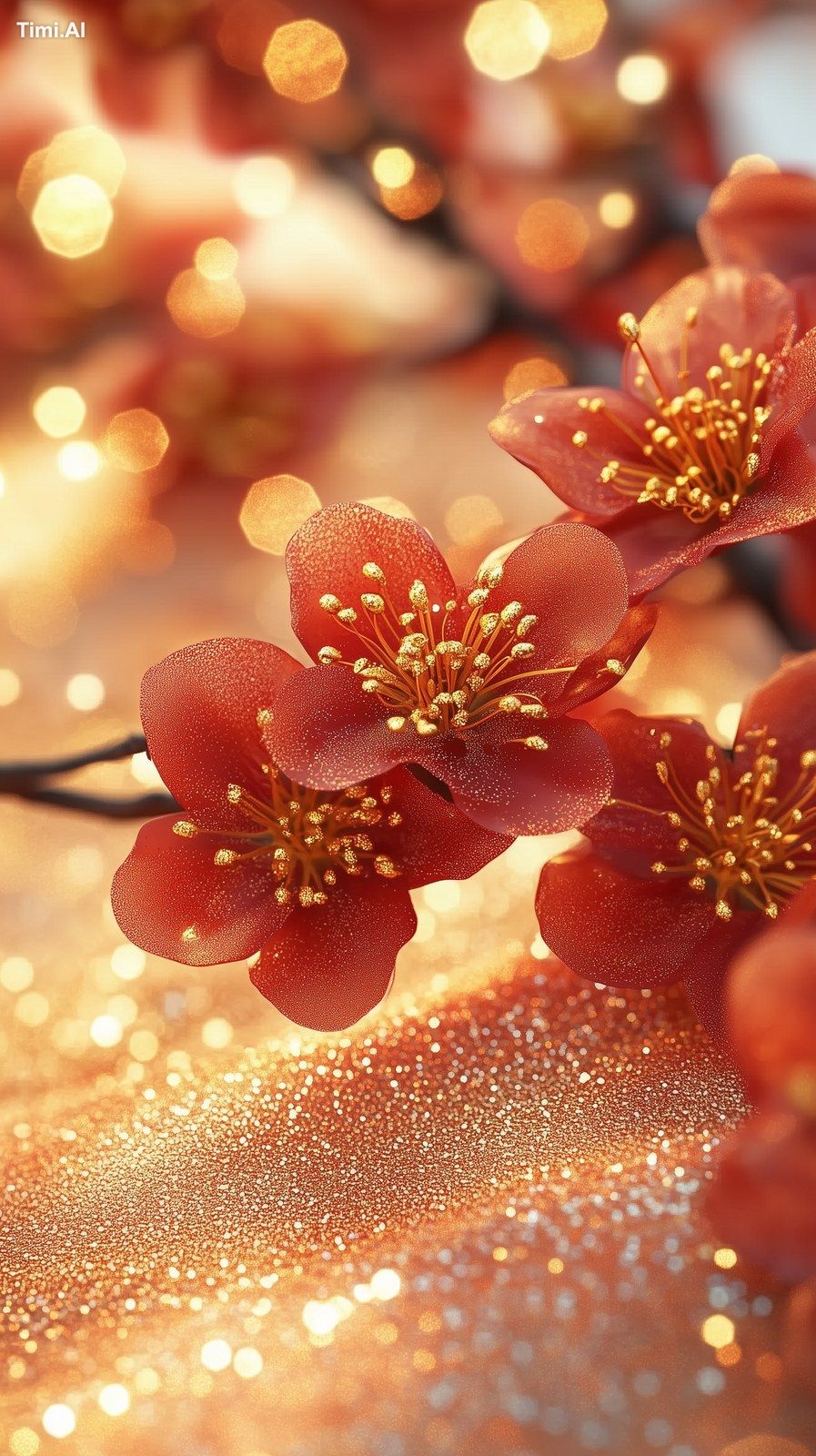 https://s.mj.run/k6NKYHZdCTg Red plum blossoms, golden glittering petal…