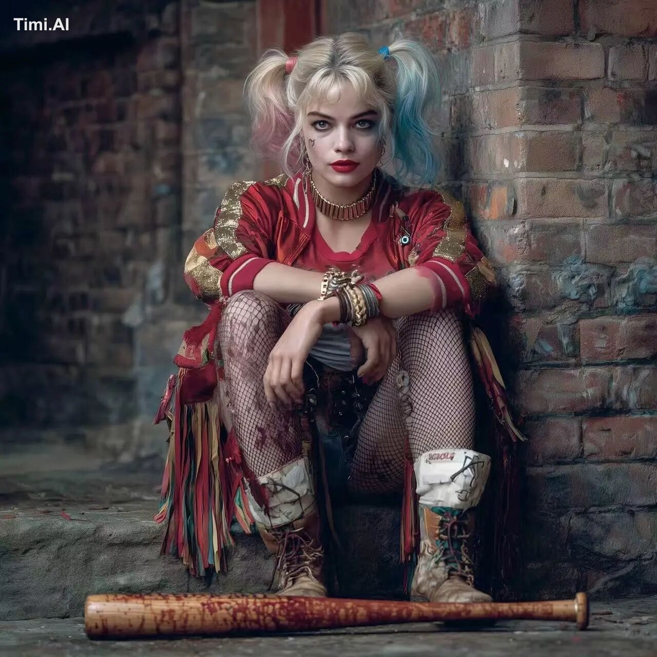 a photo of Harley Quinn. Margot Robbie version. She is leaning on old b…