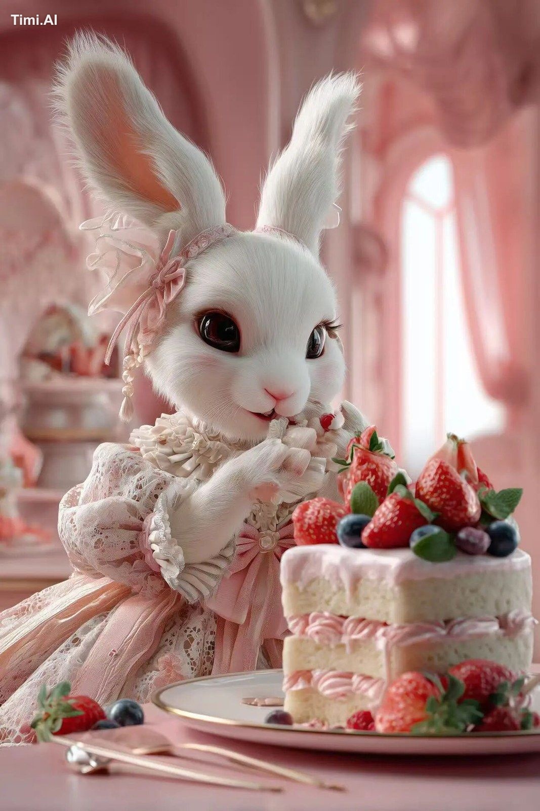 A realistic anthropomorphic bunny, human-sized, with soft white fur, lo…