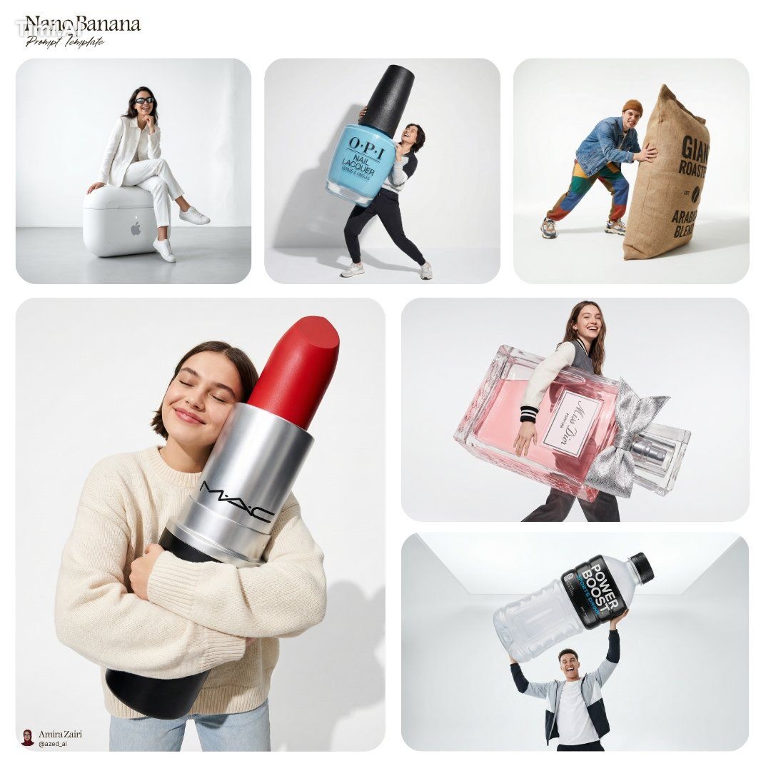 [person], [pose], oversized product in the attached image as the main h…