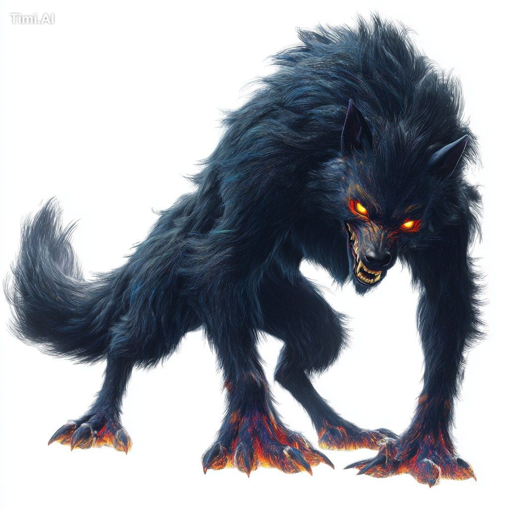 werewolf viscious multi-coloured red and gold eyes black fur angry read…