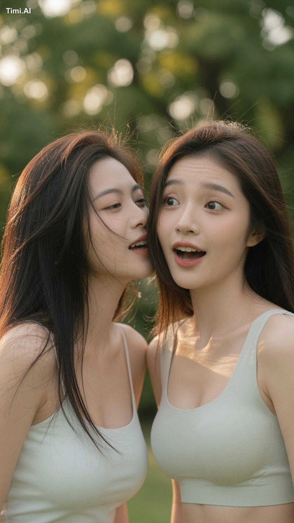 创作一幅写实的竖版户外友谊生活照，照片中两位21岁以上的东亚成年女性并肩站在阳光明媚的公园里。画面构图从上半身到头部，两位女性占据了画面的大部…