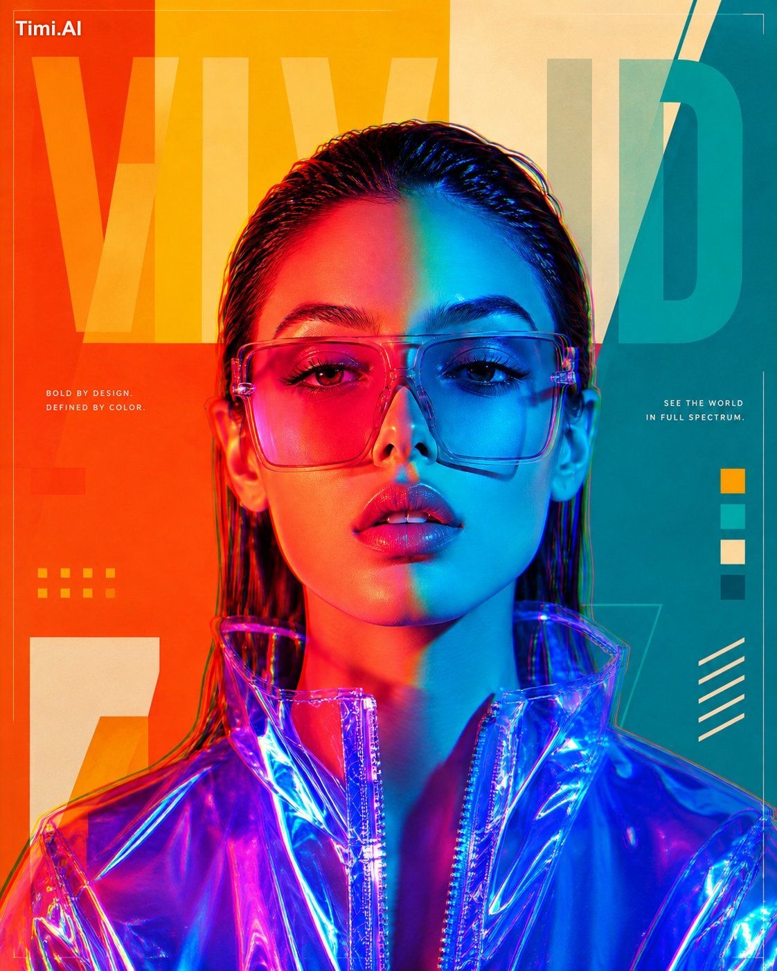 Wide digital art poster composition, woman in blue holographic jacket w…