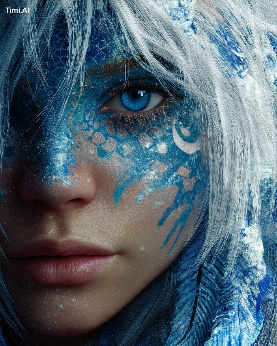 a fantasy themed, siren style girl with messy, white hair. Her skin is …