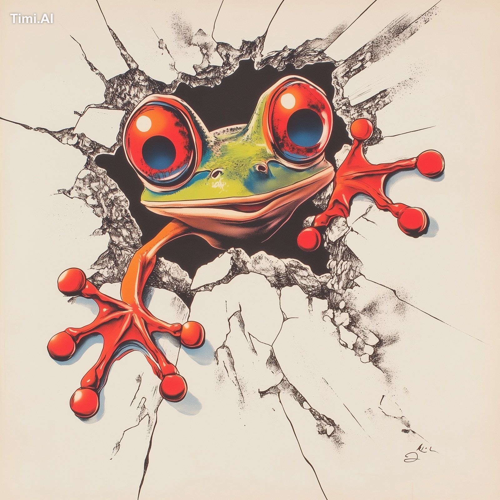 a vintage poster of a strange cartoon frog coming through a surface, in…