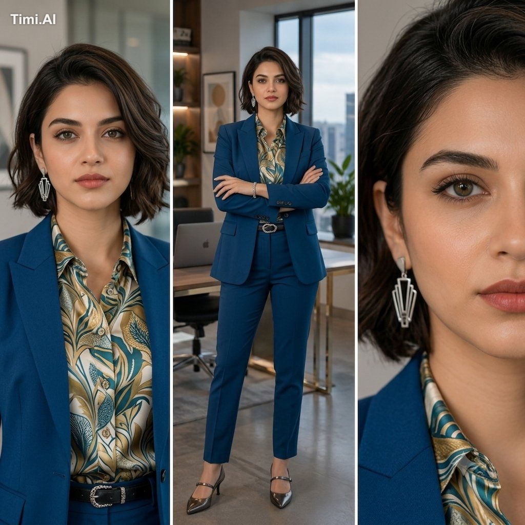 subject": { "person": "Young woman with an elegant, professional appear…