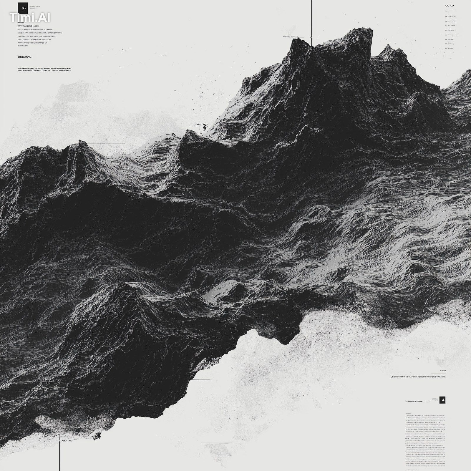 glitch poster, black and white, lines distorted into waves, no human fa…