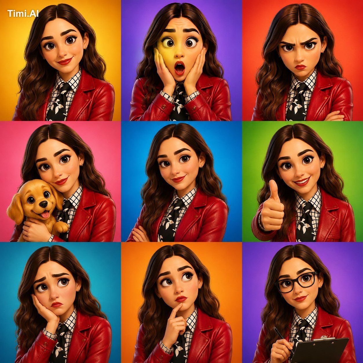 3D cartoon avatar character showing different emotions arranged in a 3x… 1