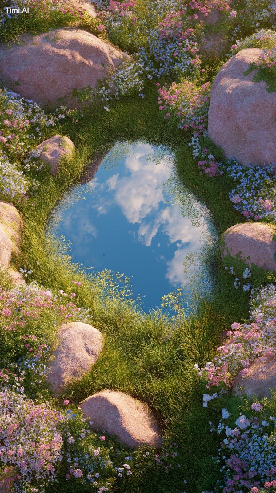 top view of a small dreamy pond reflecting the blue sky, surrounded by …