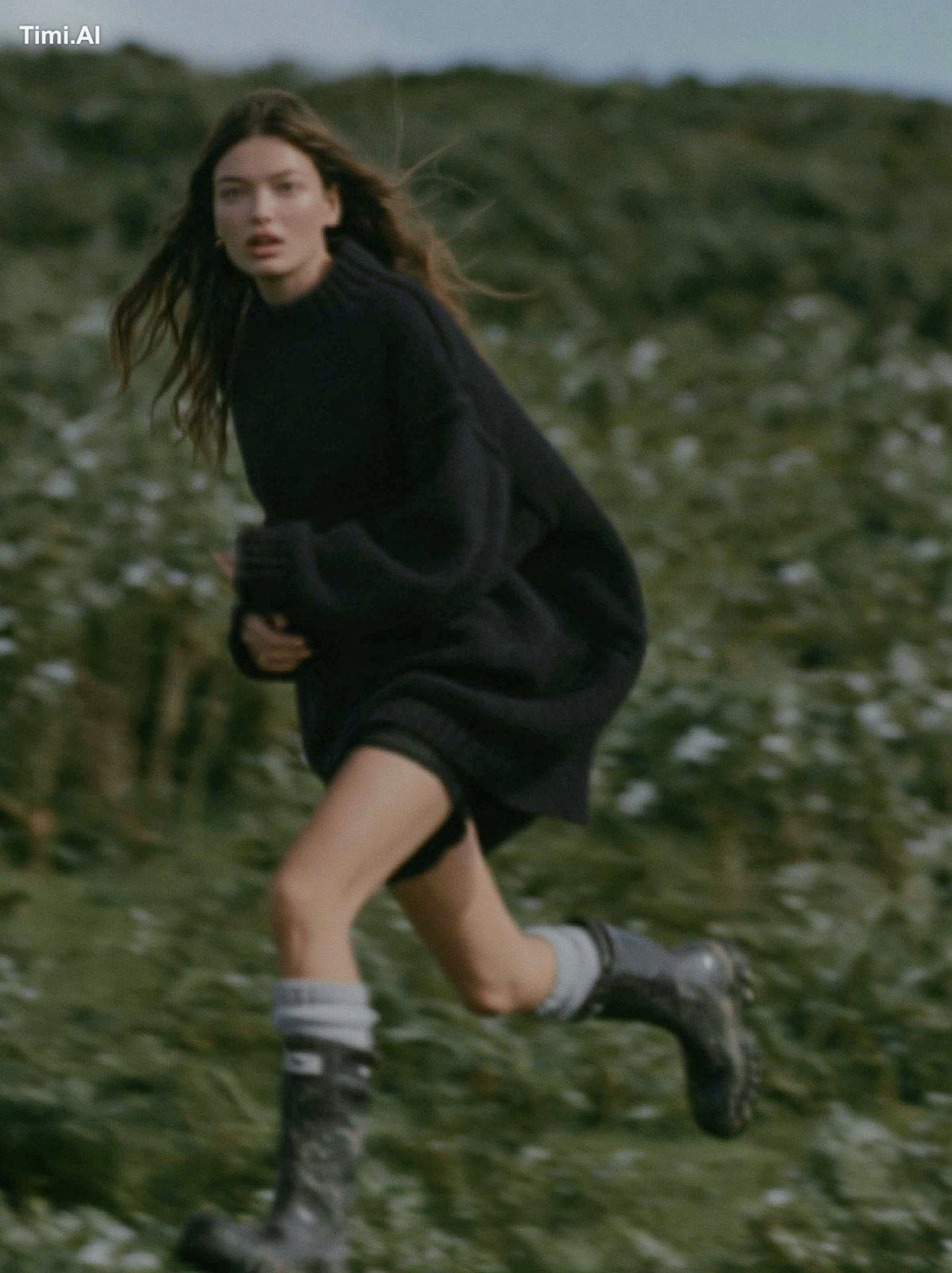a distant telephoto photograph of a young woman running from left to ri…