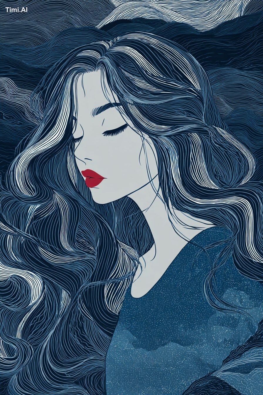 an illustration of a woman with wavy hair in blue and white lines, insp…