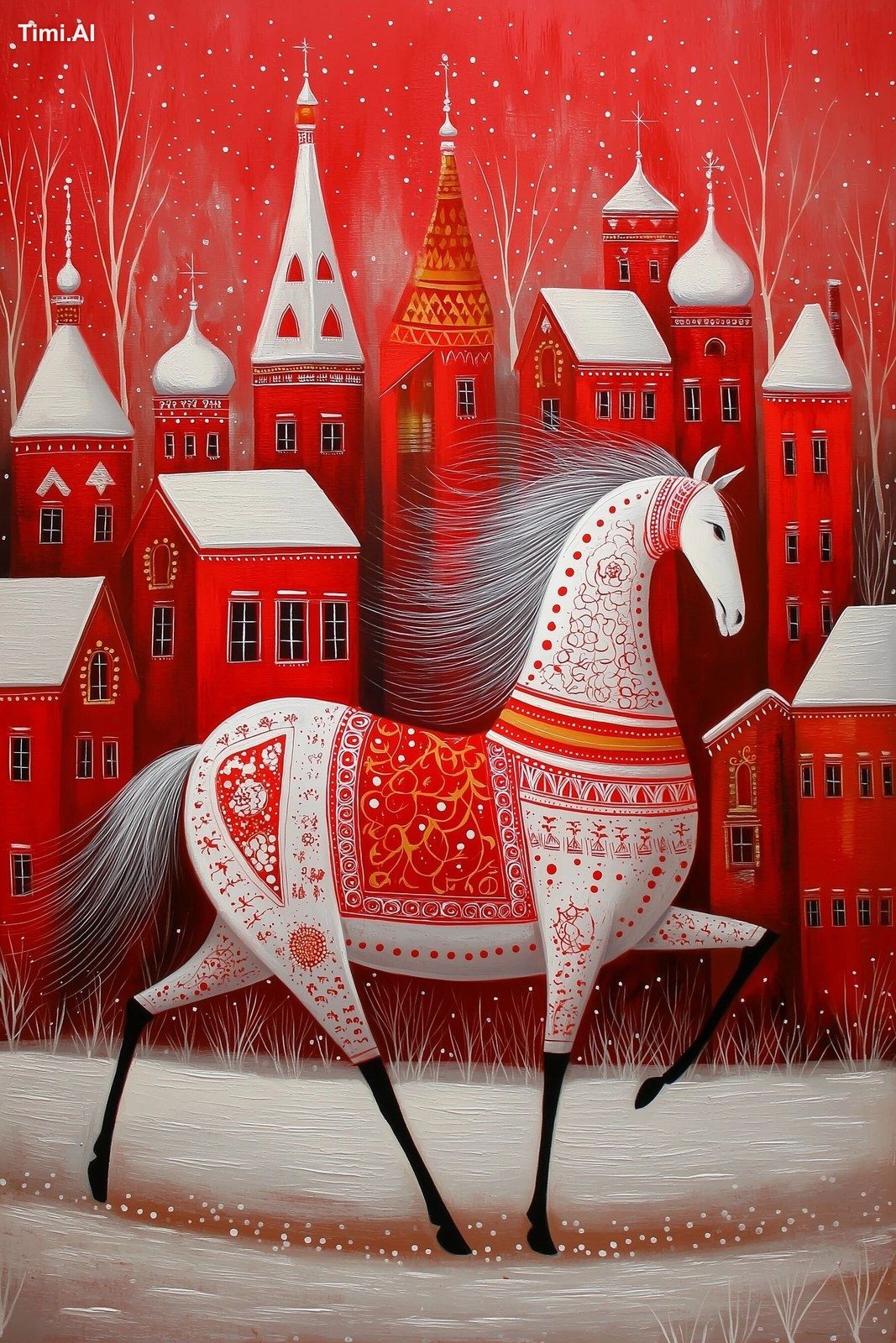 a graceful horse is painted in the style of Khokhlama, galloping agains…