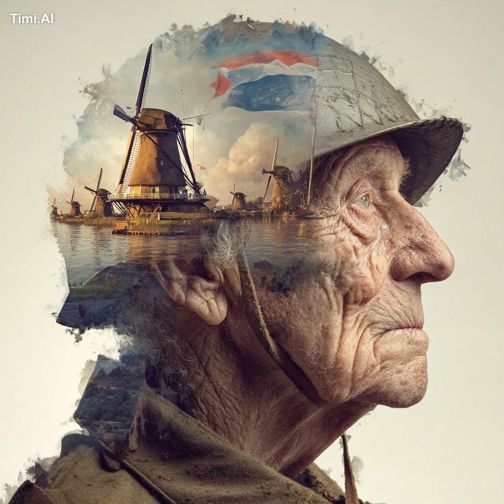 double exposure portrait of a 99-year-old British WWII veteran, deeply …