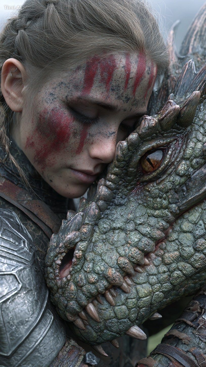 young lady in war paint and armor hugs a dragon, foggy, realistic detai…